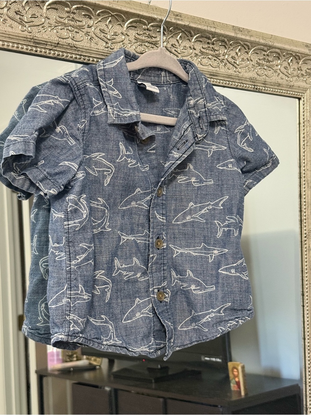 Old Navy Navy Blue Shark-Print Short Sleeve Button-Down Shirt